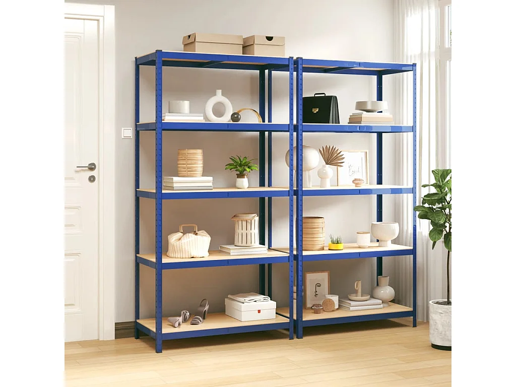 5-stöckige Regale, 2 Stück, blau, Stahl und Holzwerkstoff