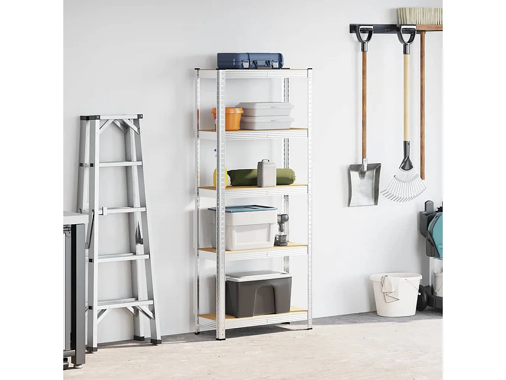 Scaffale portaoggetti a 5 ripiani in acciaio argentato e legno ingegnerizzato