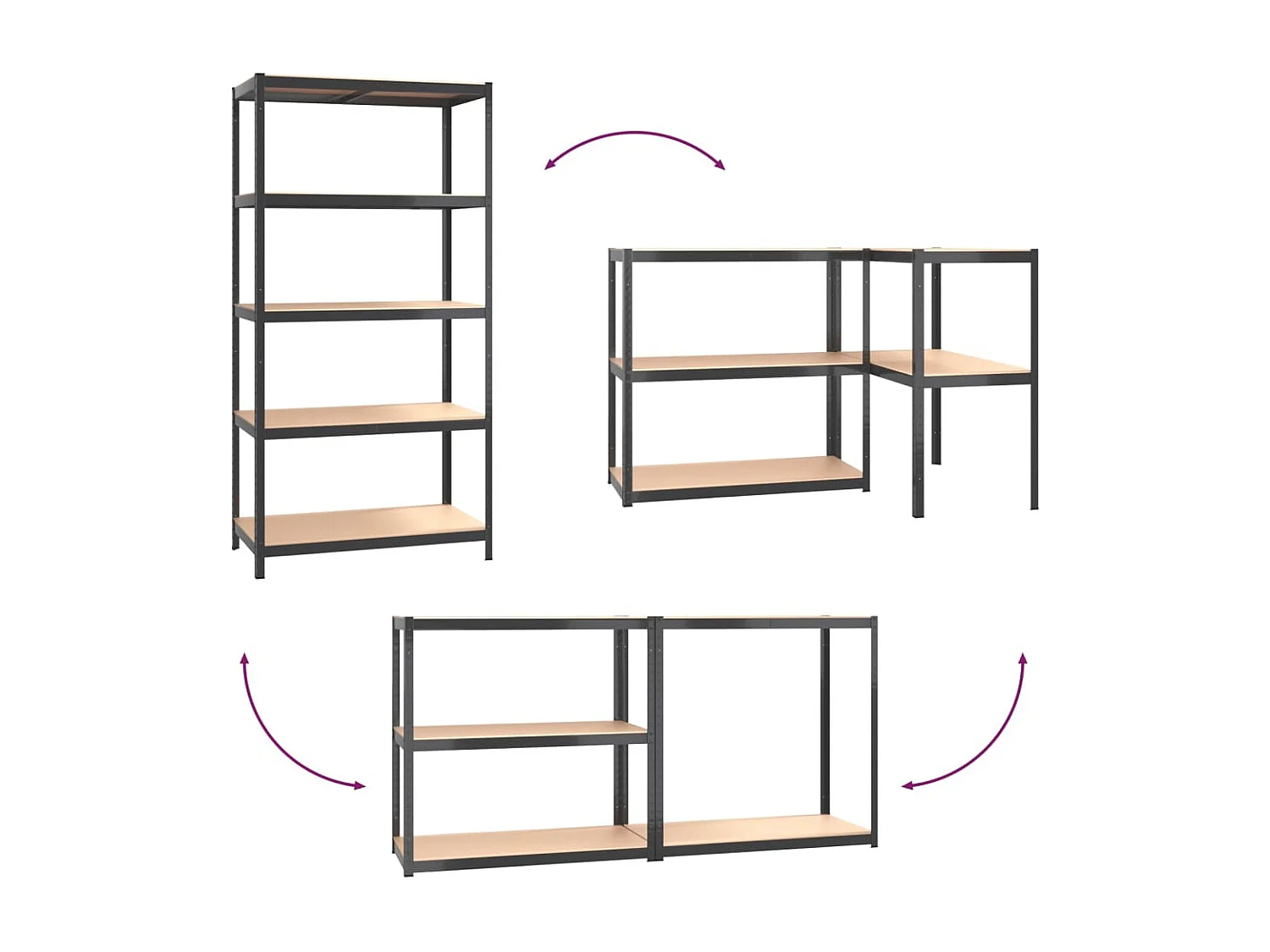 Prateleiras de 5 níveis 3 peças de aço antracite e madeira projetada