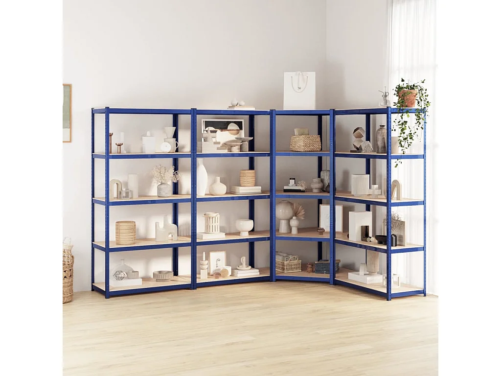 étagères à 5 niveaux 4pcs Bleu Acier et bois d'ingénierie