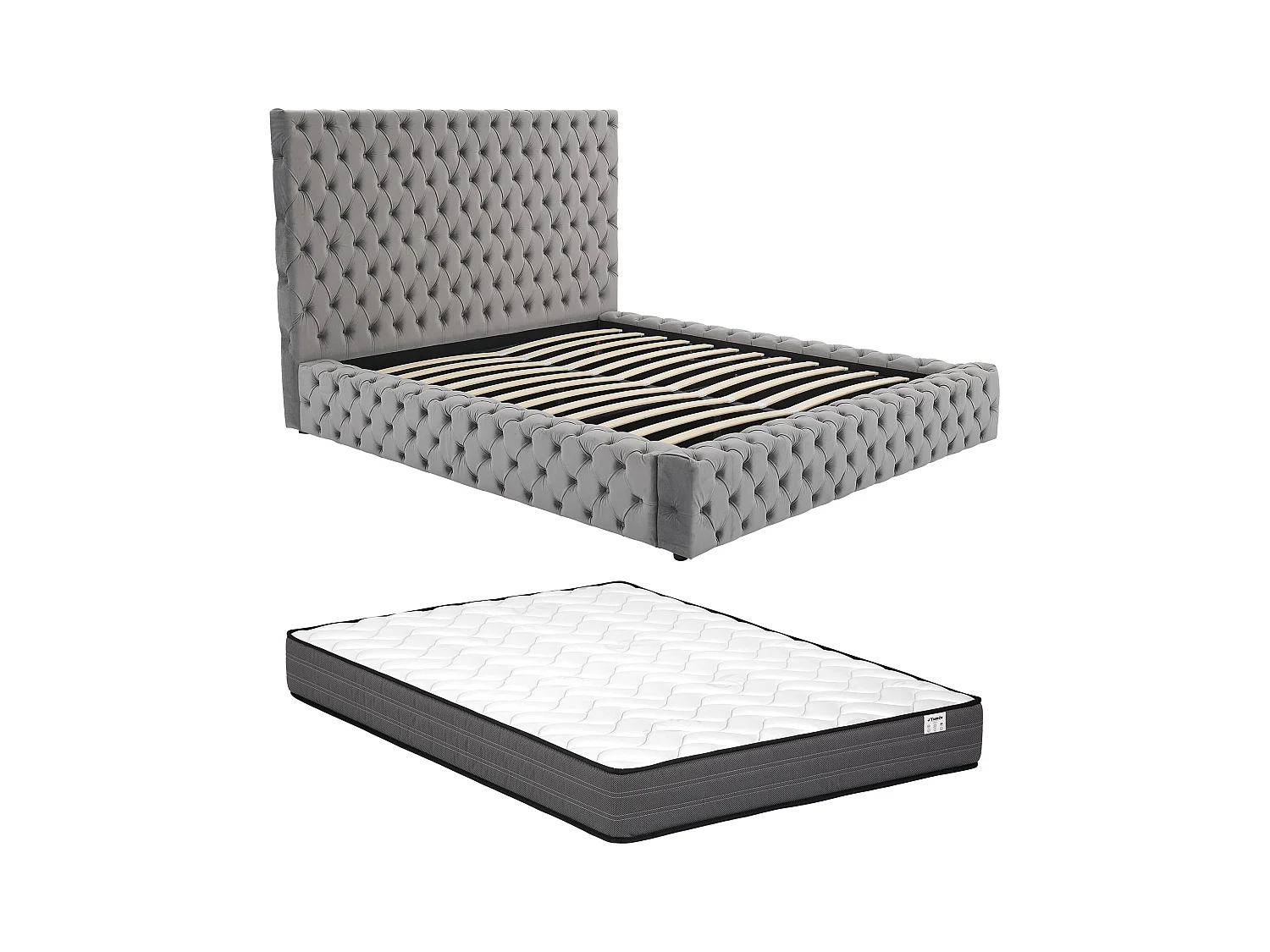 Bed met opbergruimte Chesterfield 180 x 200 cm - Velours - Grijs + matras - DULENI