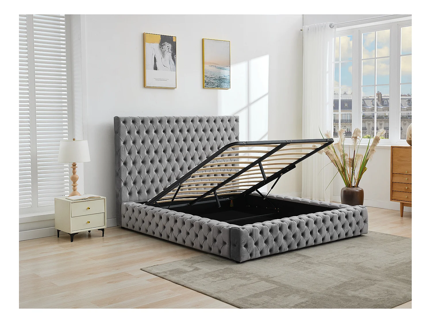 Bed met opbergruimte Chesterfield 180 x 200 cm - Velours - Grijs + matras - DULENI