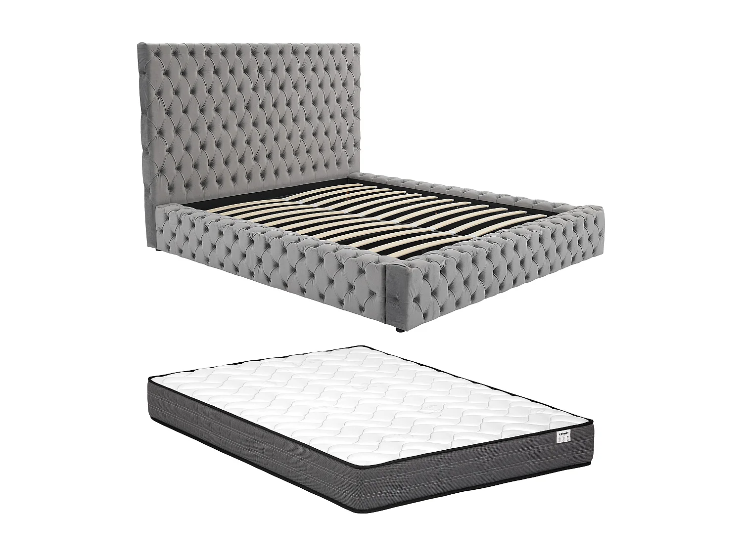 Lit coffre chesterfield 180 x 200 cm - Velours - Gris + Matelas - DULENI