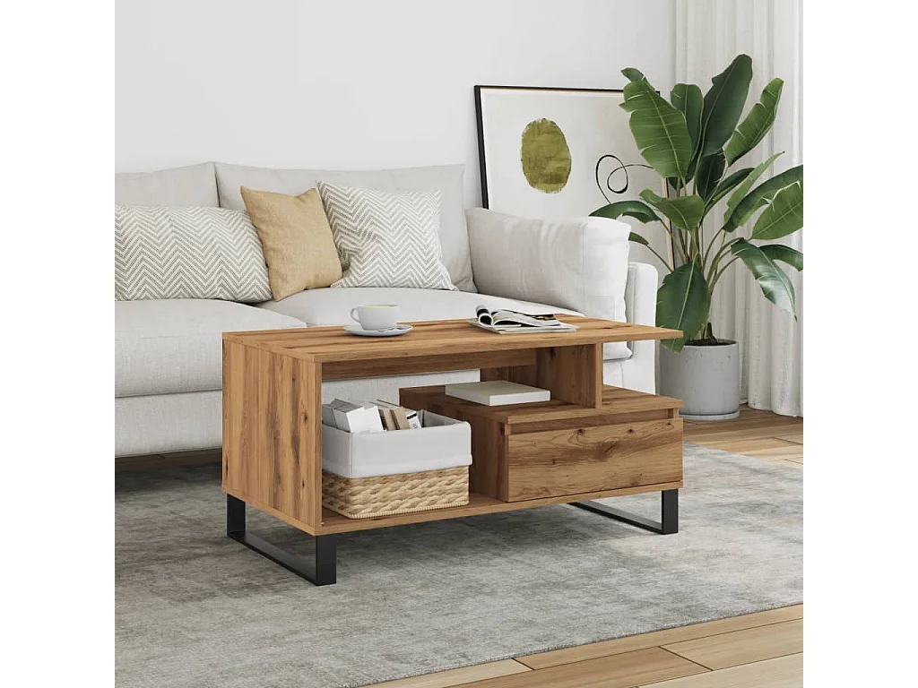 Table basse chêne artisanal 90x49x45 cm bois d'ingénierie