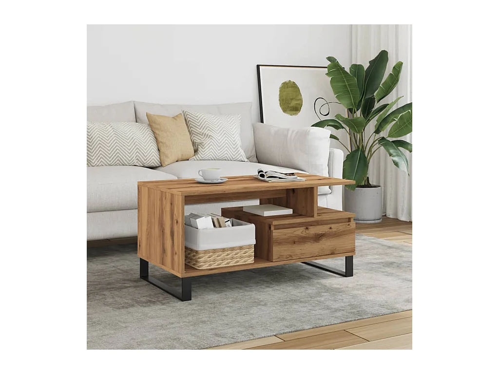 Table basse chêne artisanal 90x49x45 cm bois d'ingénierie