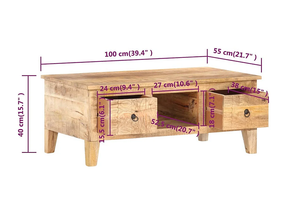 Couchtisch 100x55x40 cm Rohes Mangoholz