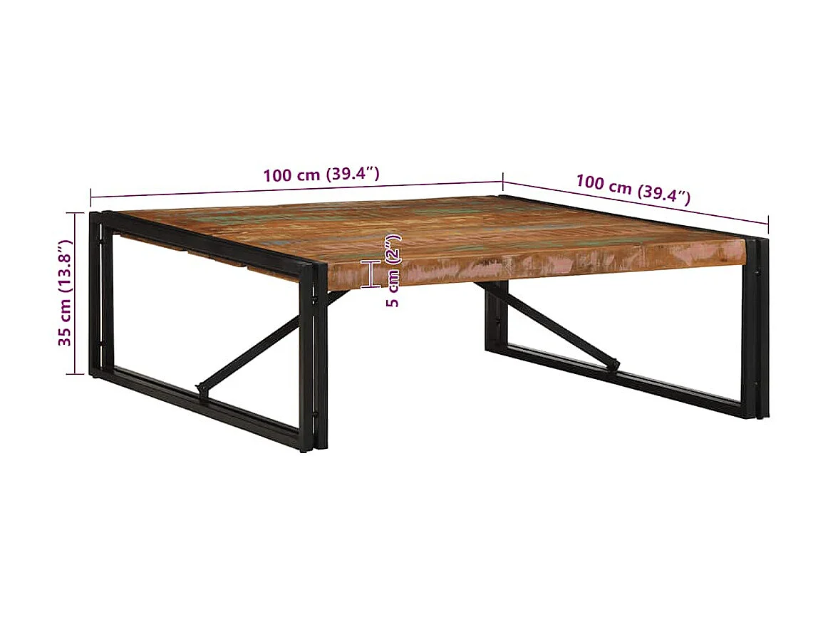 Table basse multicolore 100x100x35 cm bois récupération massif