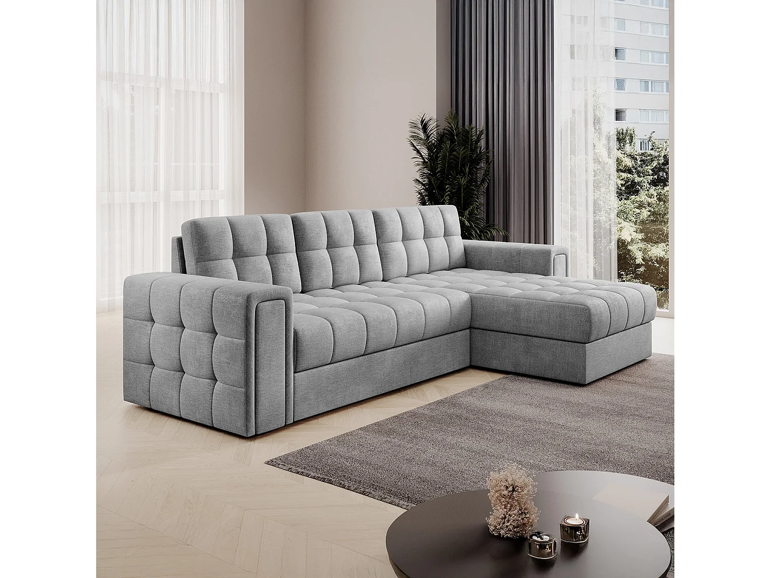 Canapé d'angle droit convertible réversible Veziko Velours Gris