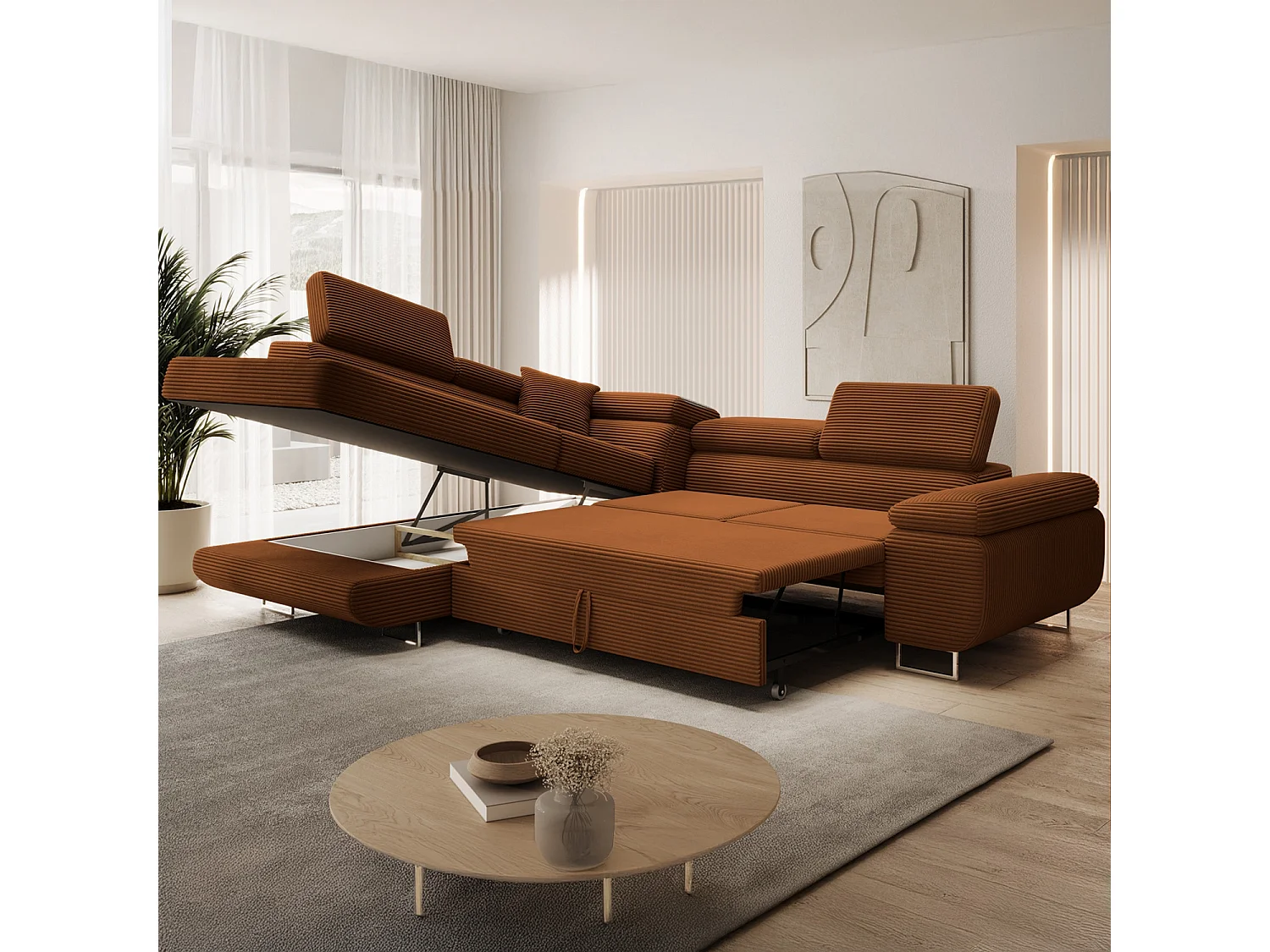 Canapé d'angle gauche convertible Marius velours côtelé Terracotta