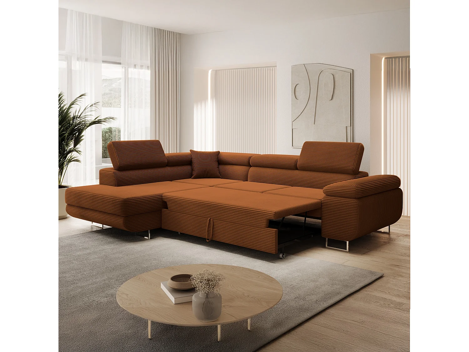 Canapé d'angle gauche convertible Marius velours côtelé Terracotta