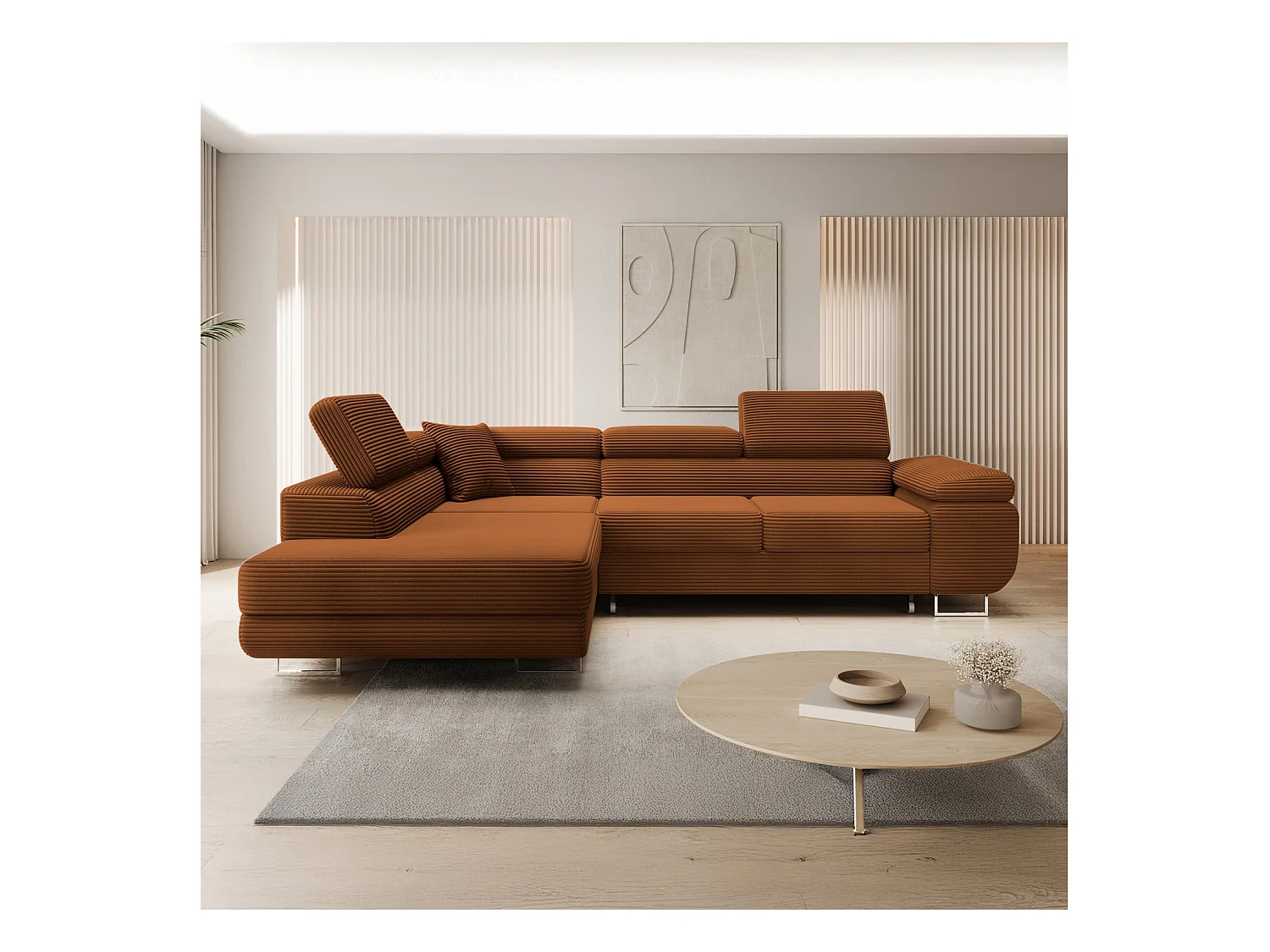 Canapé d'angle gauche convertible Marius velours côtelé Terracotta