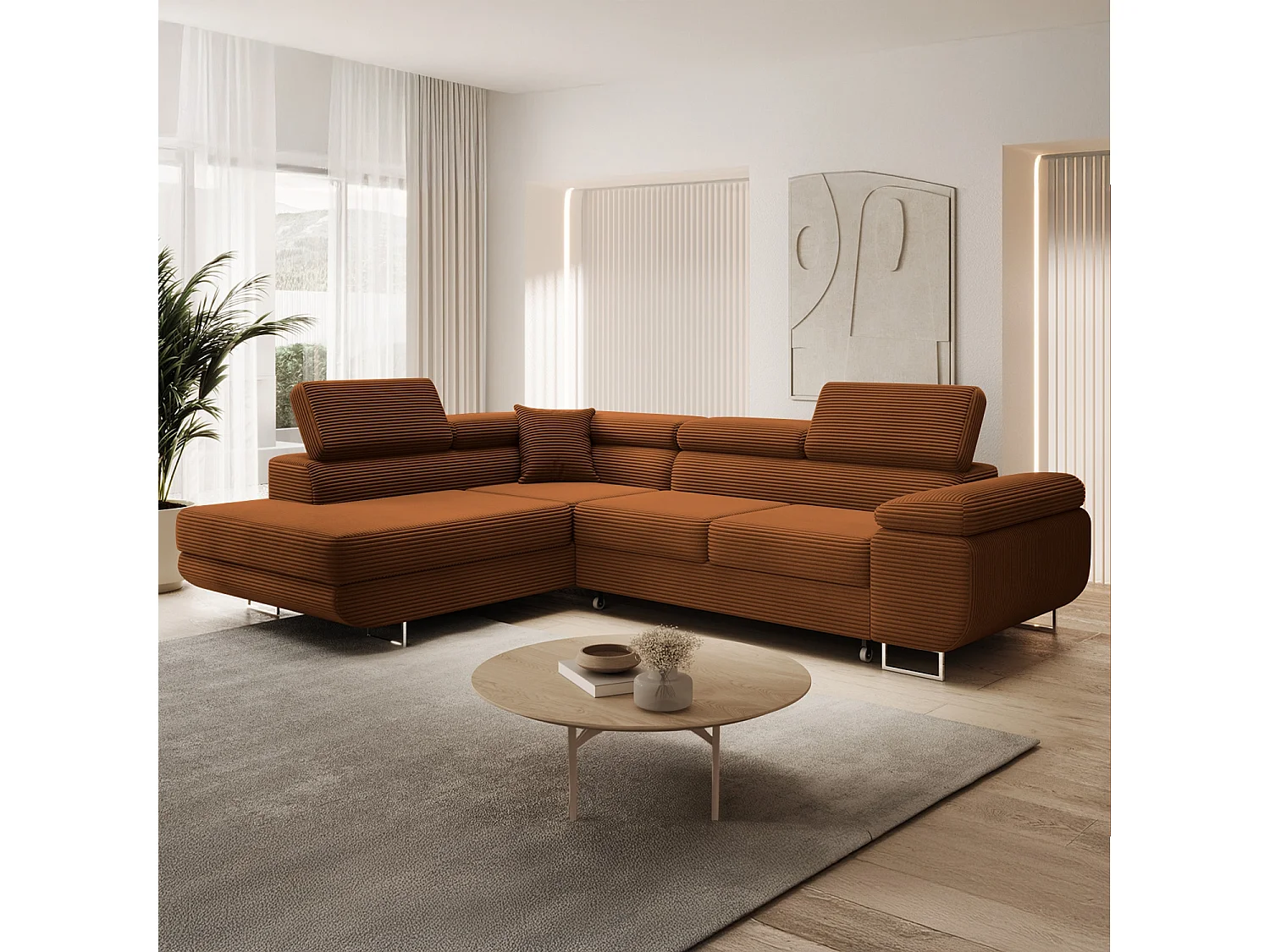 Canapé d'angle gauche convertible Marius velours côtelé Terracotta
