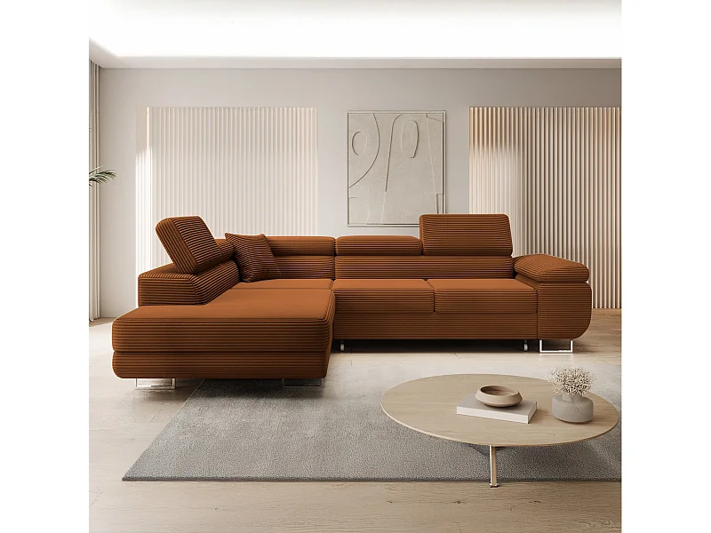 Canapé d'angle gauche convertible Marius velours côtelé Terracotta