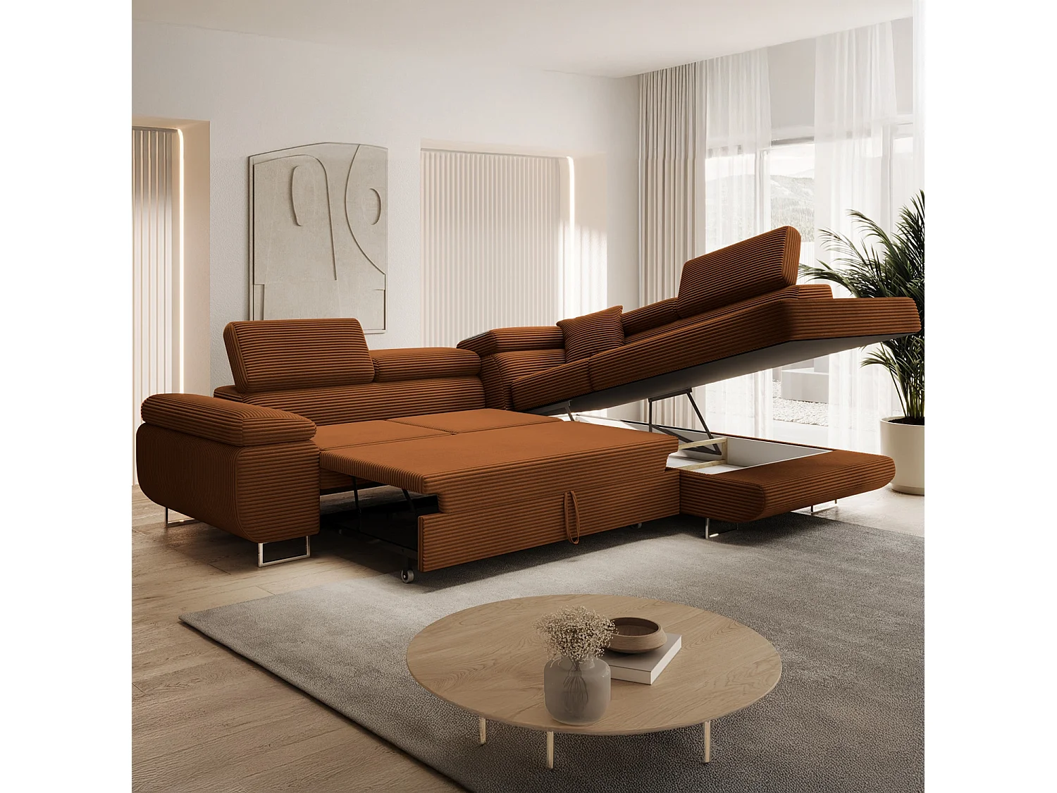 Canapé d'angle droit convertible Marius velours côtelé Terracotta