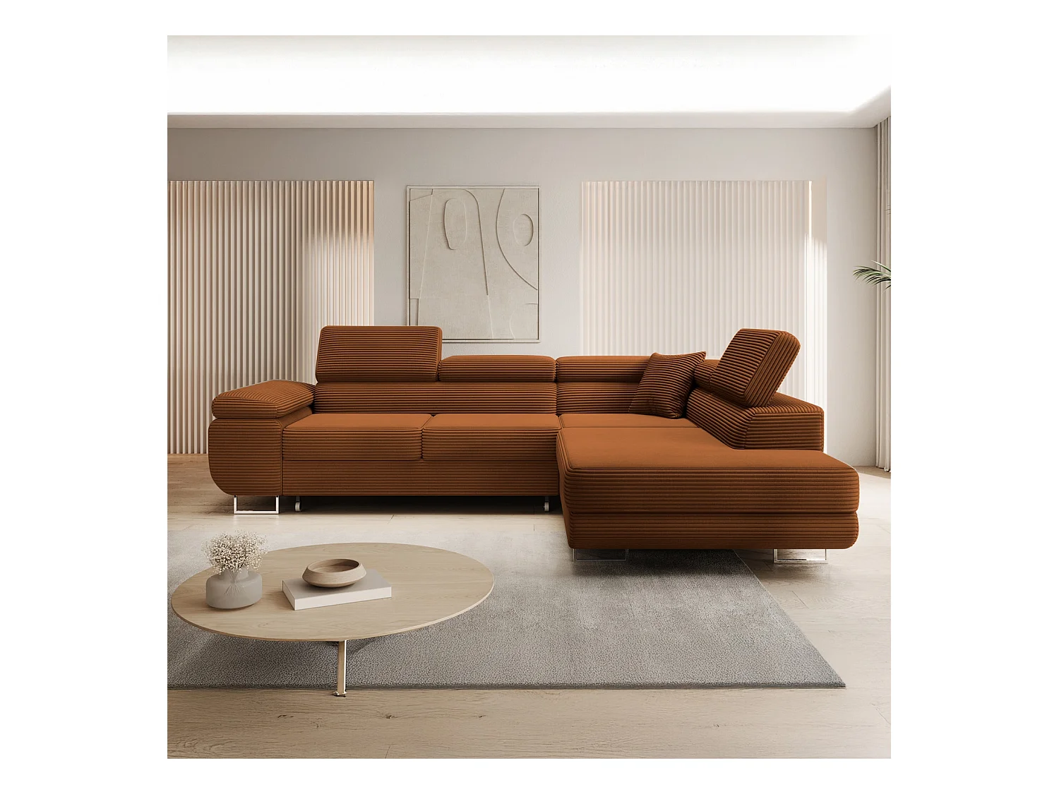 Canapé d'angle droit convertible Marius velours côtelé Terracotta