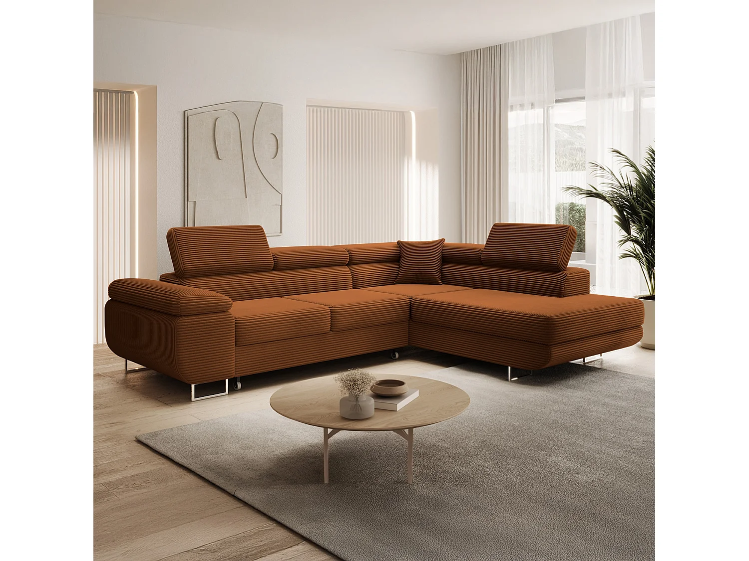 Canapé d'angle droit convertible Marius velours côtelé Terracotta