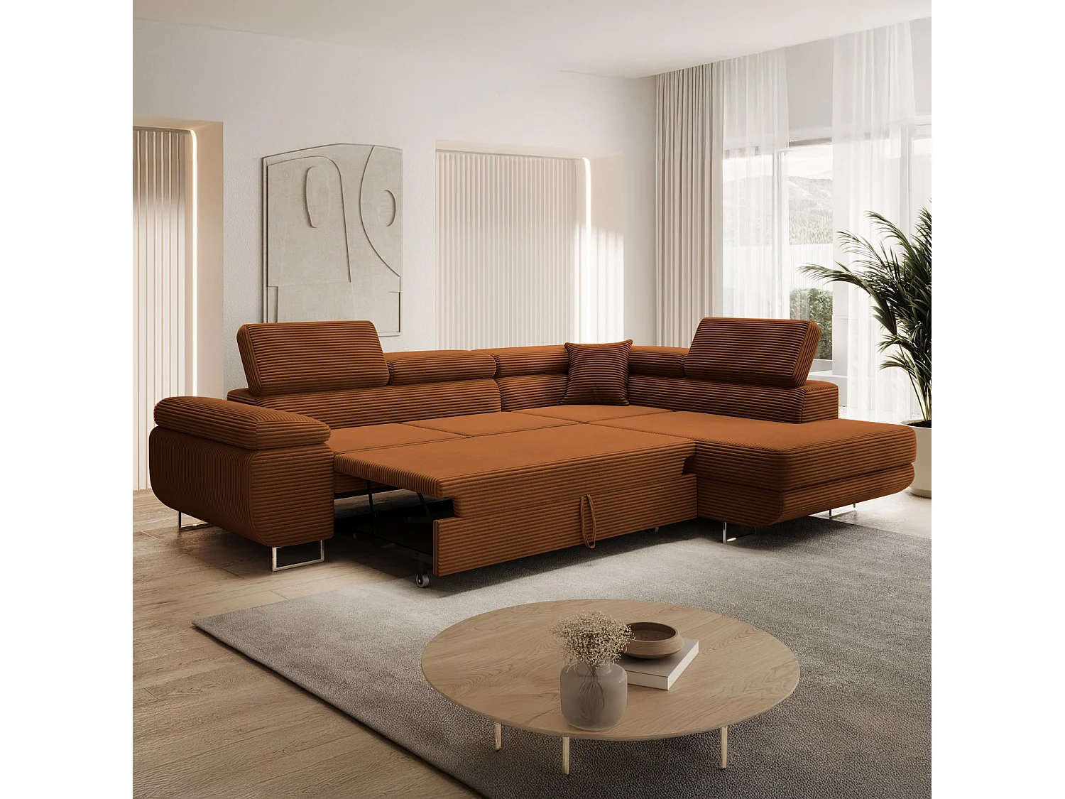 Canapé d'angle droit convertible Marius velours côtelé Terracotta