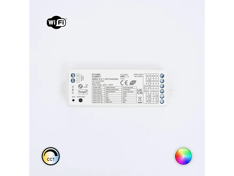Controller Regolatore LED Tuya Zigbee 5 in 1 per strisce Monocolore/CCT/RGB/RGBW/RGBW/RGBWW 12/24V DC Monocolor / CCT / RGB / RGBW / RGBWW