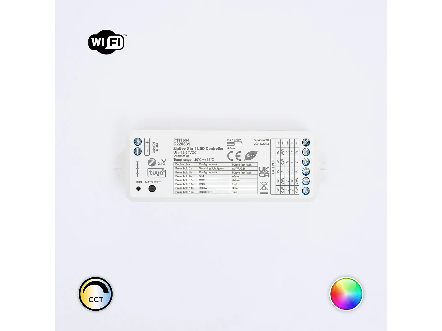 Controller Regolatore LED Tuya Zigbee 5 in 1 per strisce Monocolore/CCT/RGB/RGBW/RGBW/RGBWW 12/24V DC Monocolor / CCT / RGB / RGBW / RGBWW