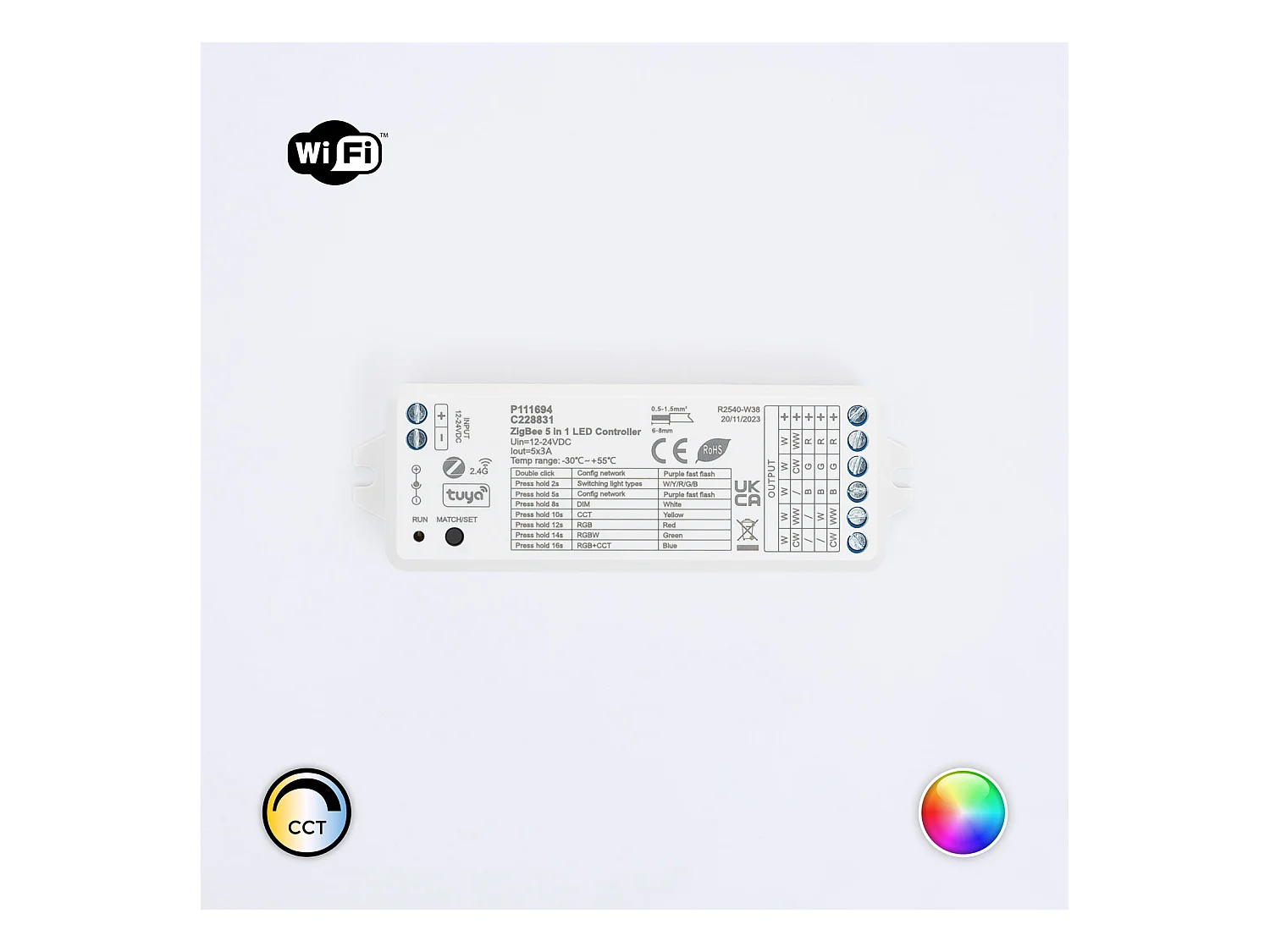 Contrôleur Variateur LED Tuya Zigbee 5 en 1 para ruban Monochrome/CCT/RGB/RGBW/RGBWW 12/24V DC Monocolor / CCT / RGB / RGBW / RGBWW