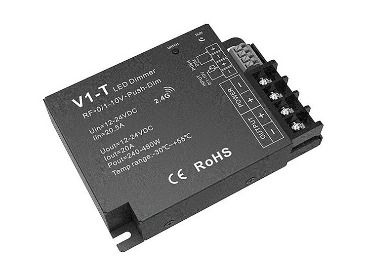 Controlador Regulador Tira LED Monocolor 12/24V DC Compatible con Mando RF, Regulador 0/1-10V y Pulsador Monocolor