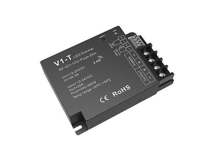 Contrôleur Variateur Ruban LED Monochrome 12/24V DC Compatible avec Télécommande RF, Variateur 0/1-10V et Bouton poussoir Monochrome