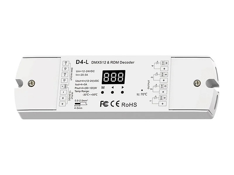 Controlador DMX512 para Tiras LED Monocolor/CCT/RGB/RGBW 12/24V DC RGBW+CCT