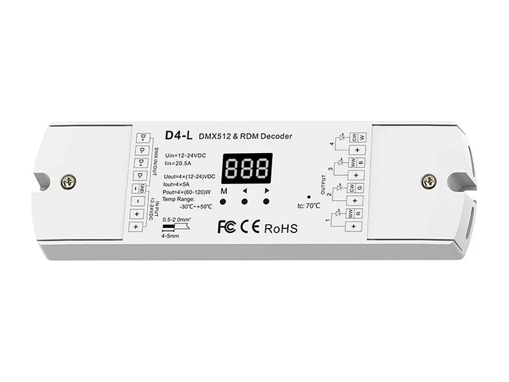 Controlador DMX512 para Tiras LED Monocolor/CCT/RGB/RGBW 12/24V DC RGBW+CCT