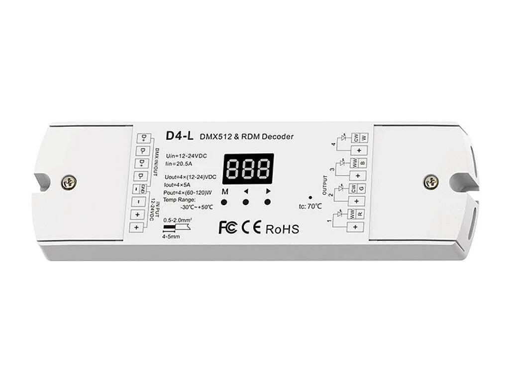 Controlador DMX512 para Tiras LED Monocolor/CCT/RGB/RGBW 12/24V DC RGBW+CCT
