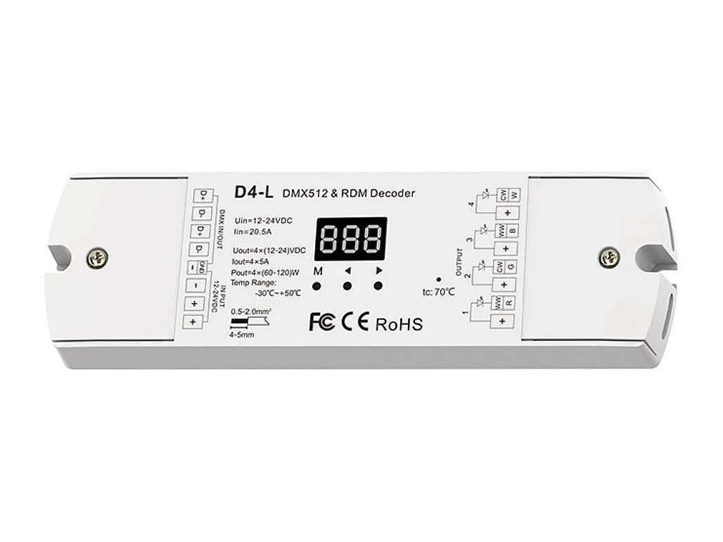 Controlador DMX512 para Tiras LED Monocolor/CCT/RGB/RGBW 12/24V DC RGBW+CCT