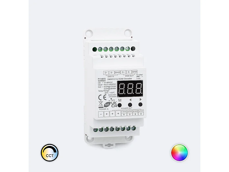 Décodeur DMX512 & RDM 12-24V DC CCT/RGB/RGBW Rail DIN 4 Canaux RGBW