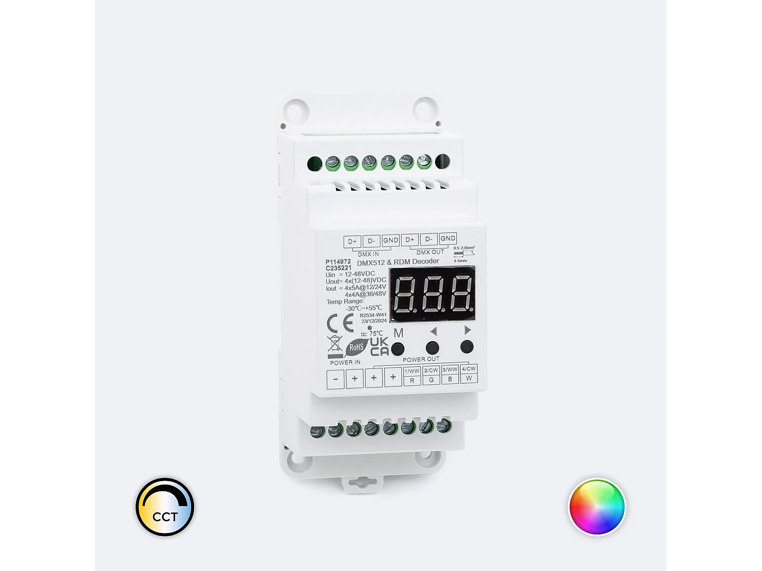 Décodeur DMX512 & RDM 12-24V DC CCT/RGB/RGBW Rail DIN 4 Canaux RGBW