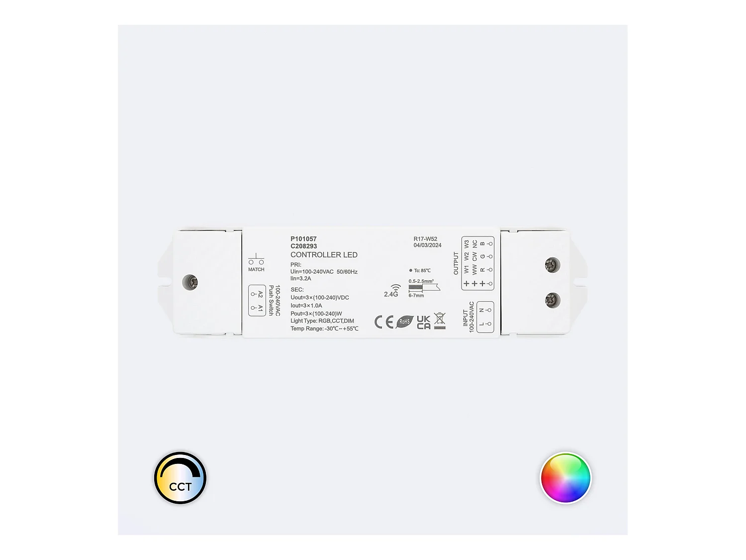 Contrôleur Variateur pour Ruban LED RGB-CCT 220-240V AC Compatible avec Bouton-Poussoir et Télécommande RF RGB