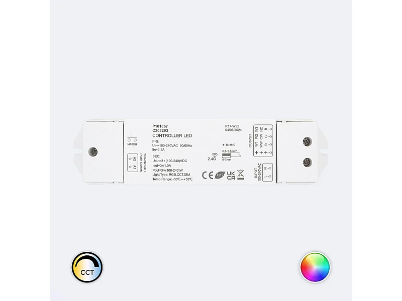 Contrôleur Variateur pour Ruban LED RGB-CCT 220-240V AC Compatible avec Bouton-Poussoir et Télécommande RF RGB