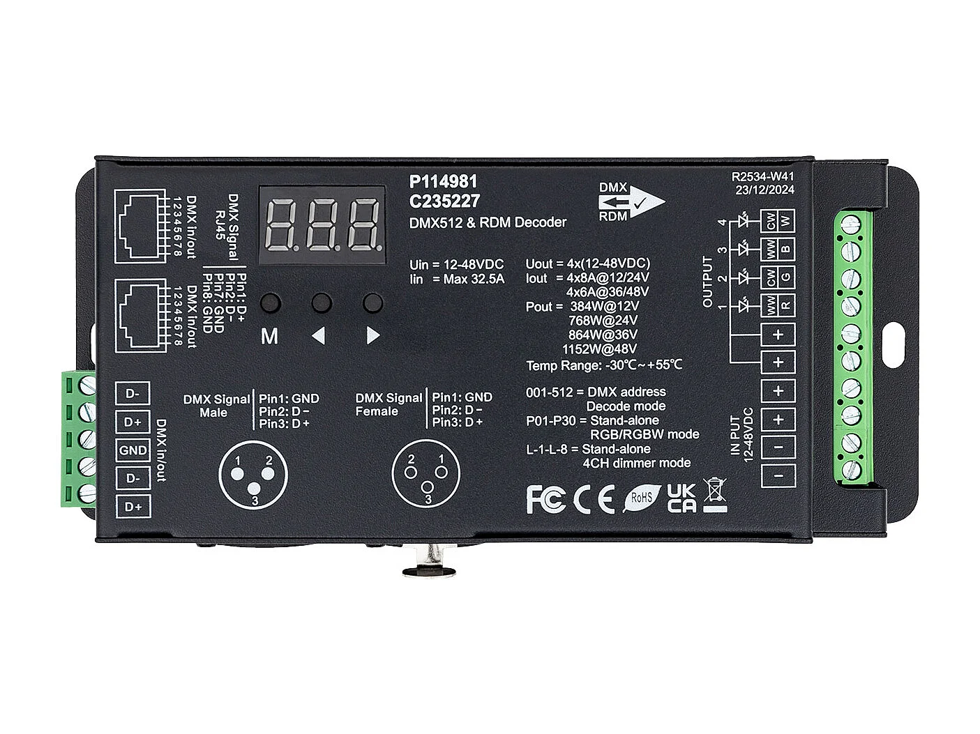 Décodeur DMX512 et RDM 4 Canaux 12-48V SKYDANCE D4-XE avec Port XLR5 RGB/RGBW