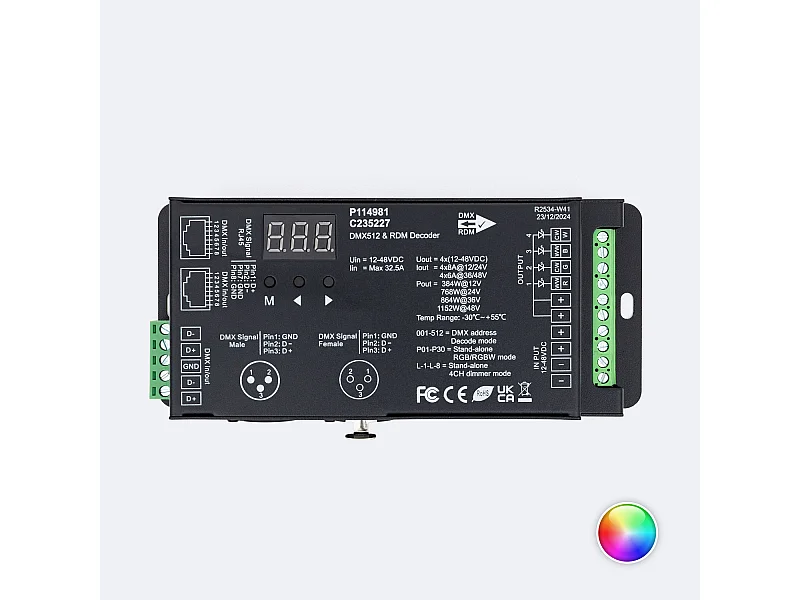 Decodificatore DMX512 e RDM 4 canali 12-48V SKYDANCE D4-XE con porta XLR5 RGB/RGBW