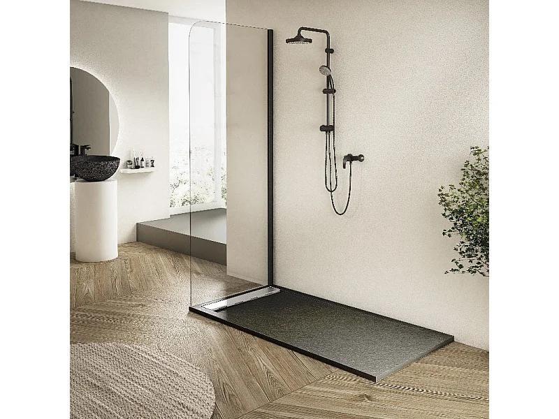 Receveur de douche 70x100cm extra plat RIBERA en résine surface ardoisée anthracite Grille anthracite