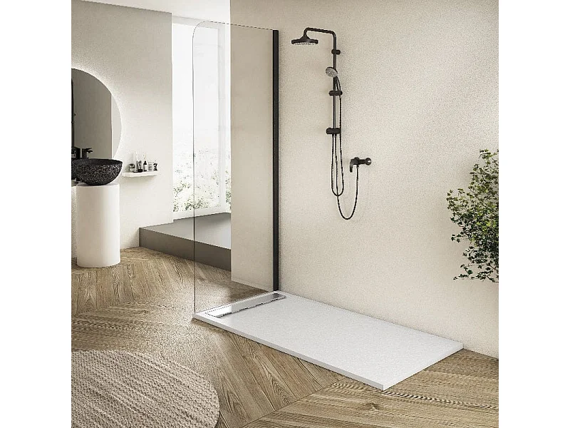 Receveur de douche 80x200cm extra plat RIBERA en résine surface ardoisée blanc Grille blanche