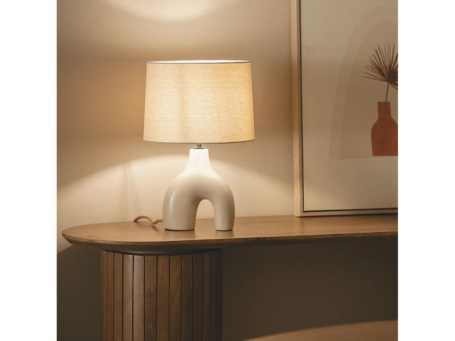 Lampe à Poser Céramique et Lin Ginger Beige