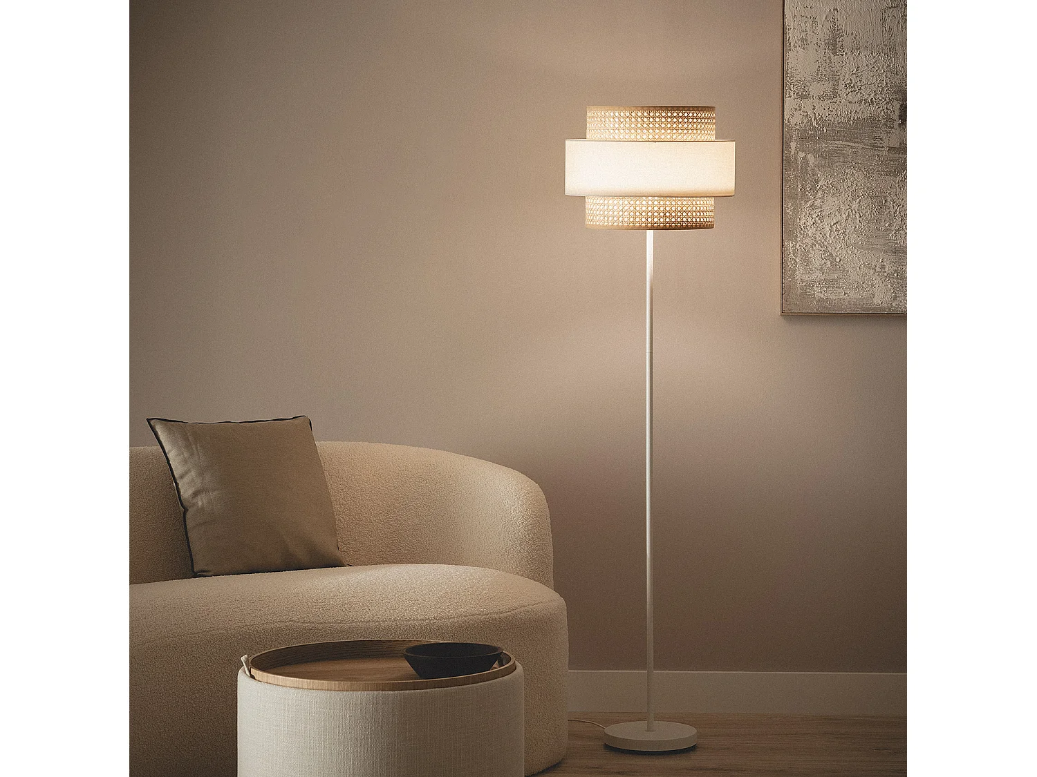 Lampadaire Métal et Tissu Amaia Blanc cassé