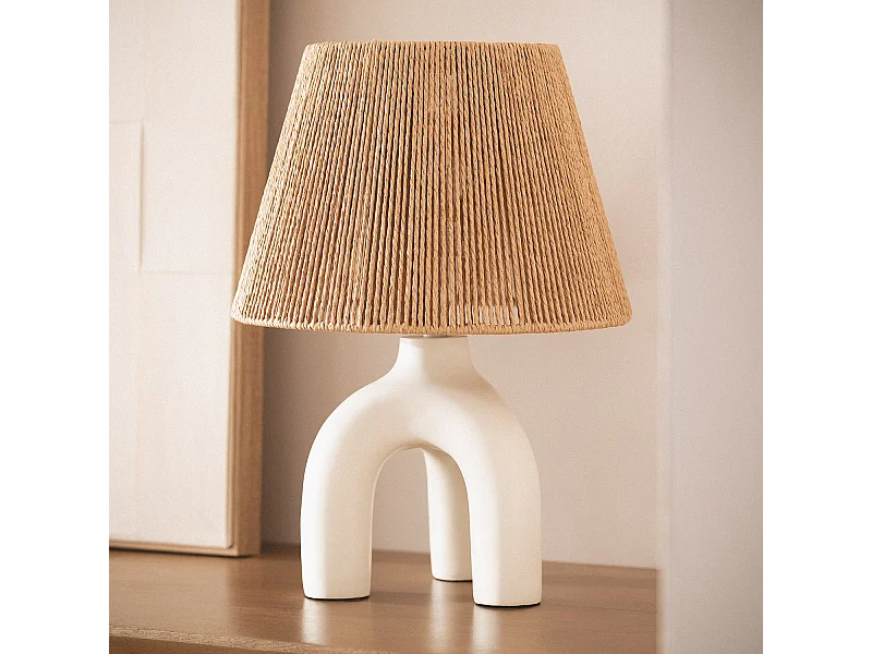 Lampe à Poser Papier Tressé et Résine Otilia  Blanc