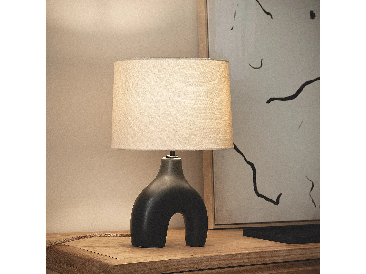 Lampe à Poser Céramique et Lin Ginger Noir