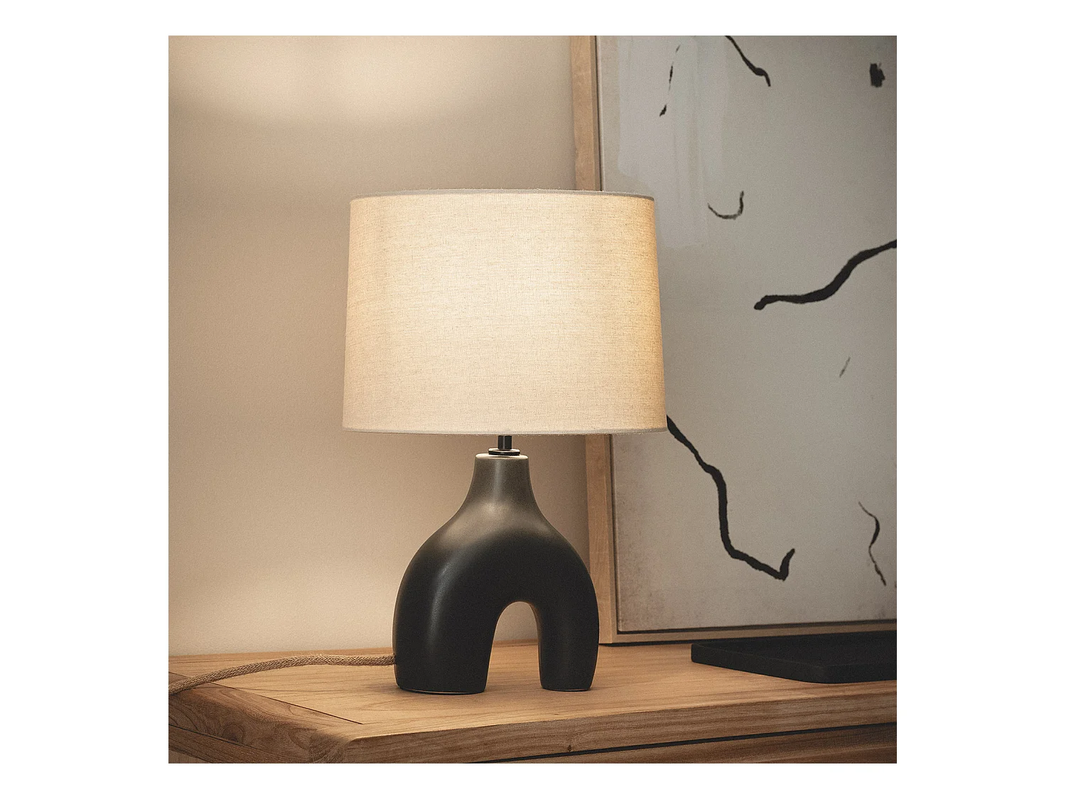Lampe à Poser Céramique et Lin Ginger Noir