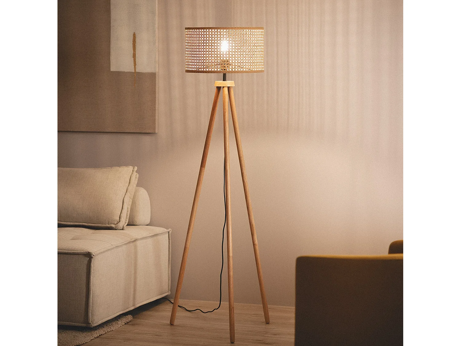 Lampadaire Rotin et Bois Adirane  Naturel