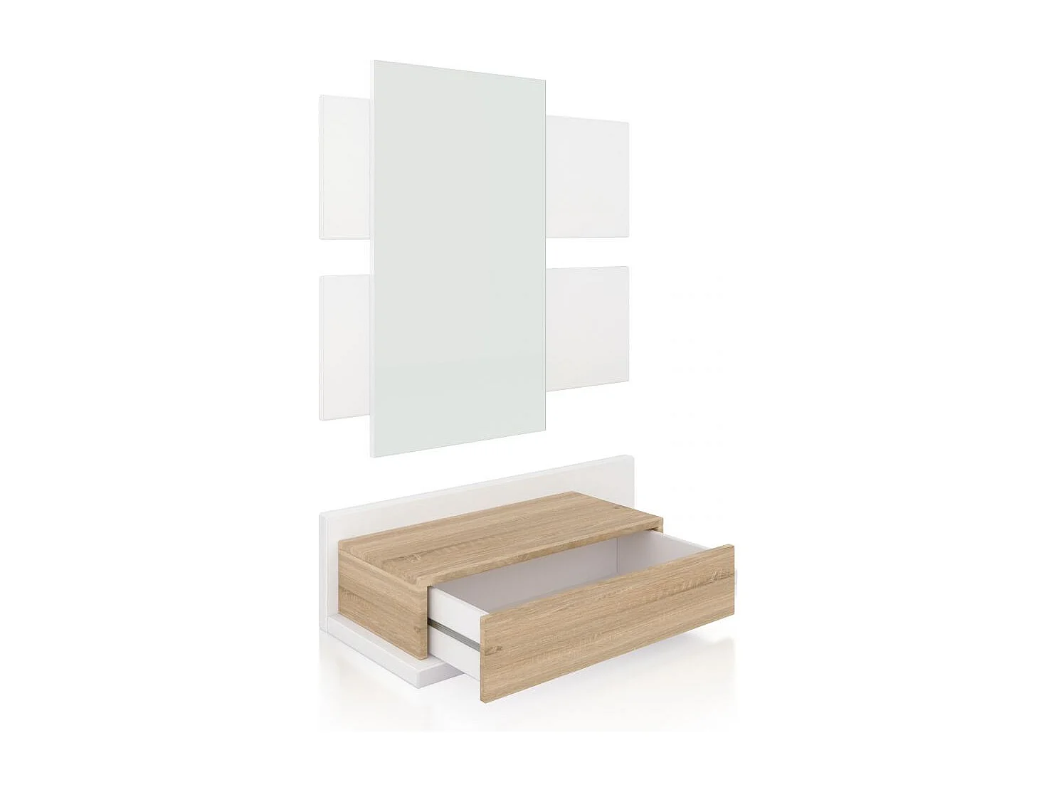 Mueble recibidor con 1 cajón y espejo en blanco mate y roble canadian 75 cm Milo Blanco Artik (Blanco Mate) - Roble Canadian