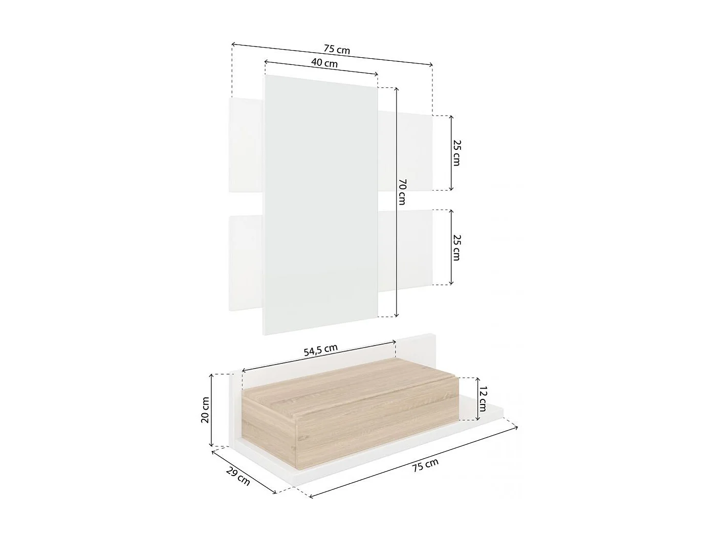 Mueble recibidor con 1 cajón y espejo en blanco mate y roble canadian 75 cm Milo Blanco Artik (Blanco Mate) - Roble Canadian