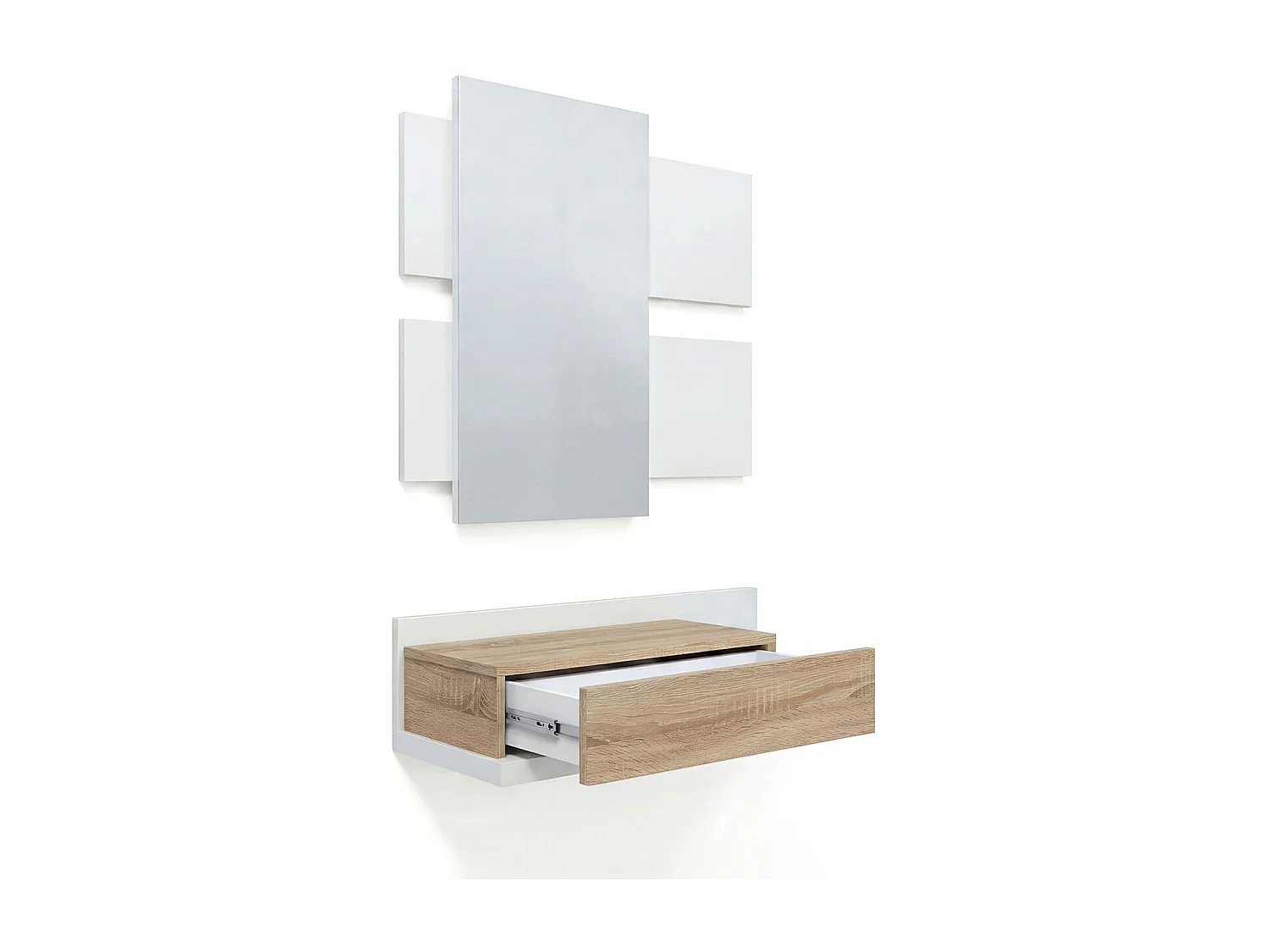 Mueble recibidor con 1 cajón y espejo en blanco mate y roble canadian 75 cm Milo Blanco Artik (Blanco Mate) - Roble Canadian