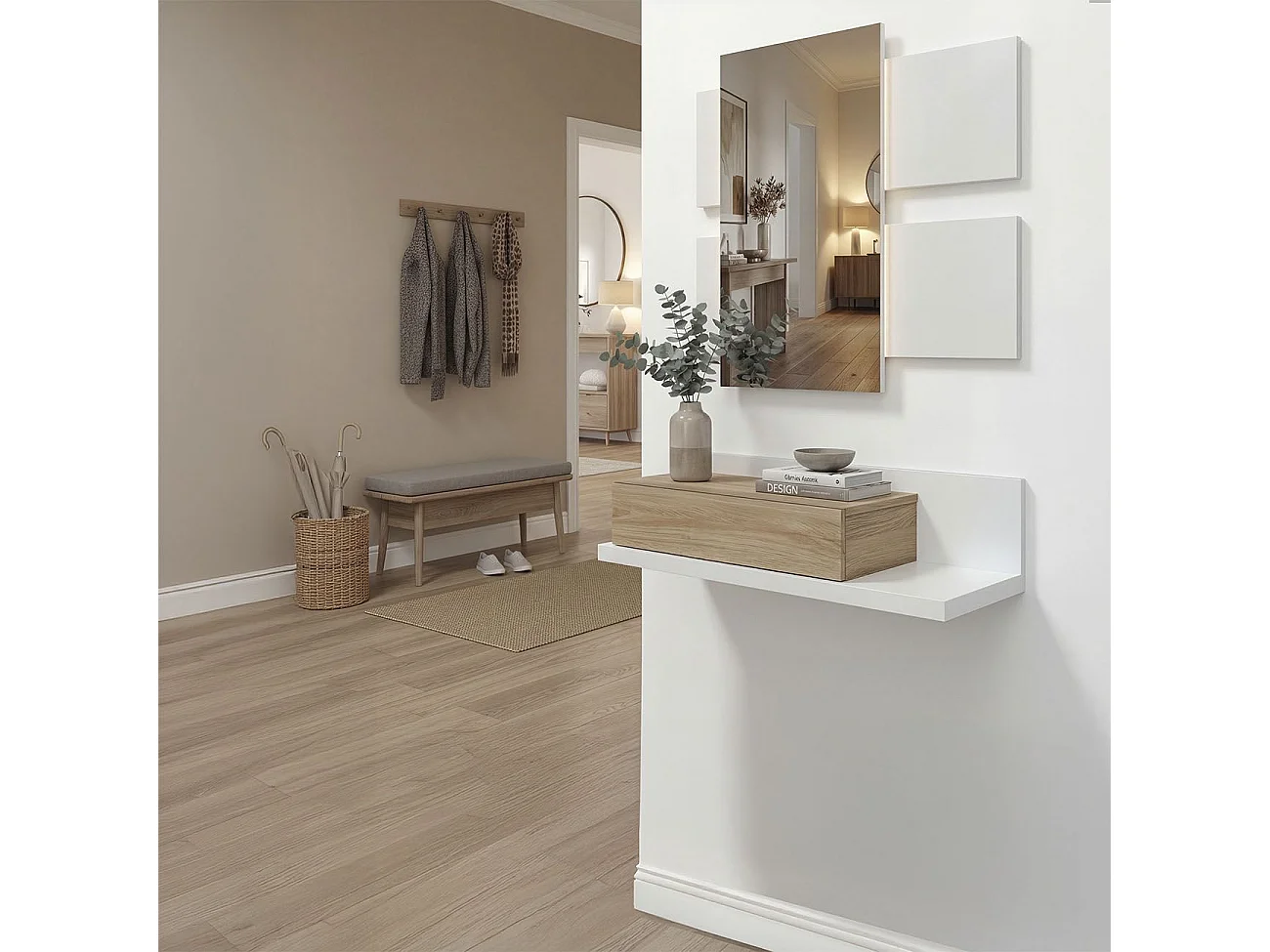 Mueble recibidor con 1 cajón y espejo en blanco mate y roble canadian 75 cm Milo Blanco Artik (Blanco Mate) - Roble Canadian