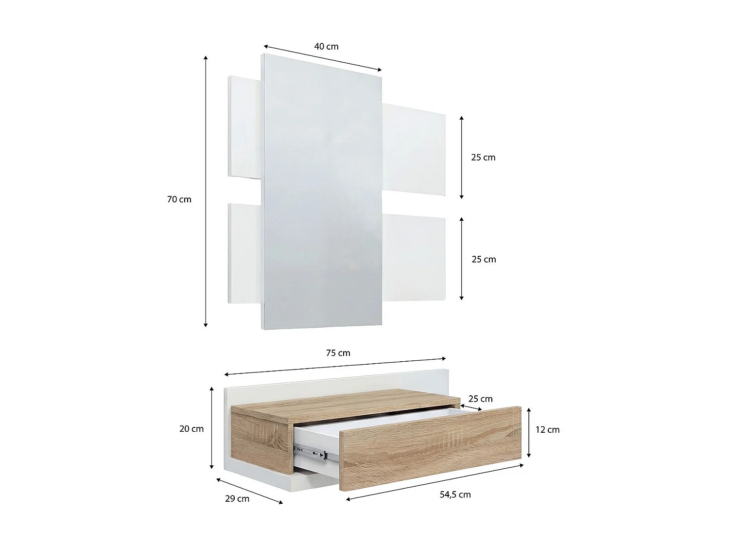Mueble recibidor con 1 cajón y espejo en blanco mate y roble canadian 75 cm Milo Blanco Artik (Blanco Mate) - Roble Canadian