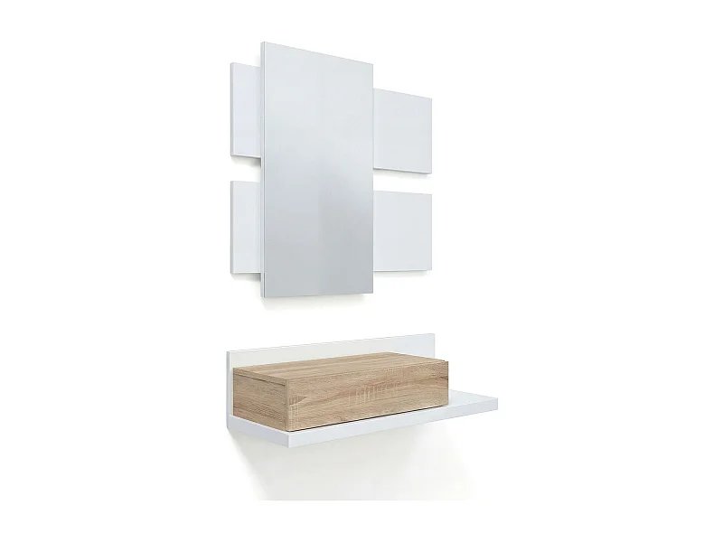 Mueble recibidor con 1 cajón y espejo en blanco mate y roble canadian 75 cm Milo Blanco Artik (Blanco Mate) - Roble Canadian